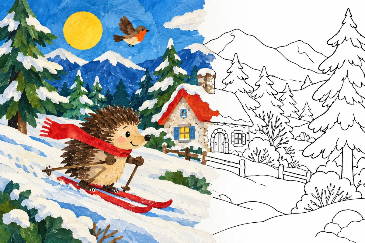 En målarbild av en igelkott som åker skidor förbi tallar och en stuga, till hälften färglagd och till hälften svarta linjer